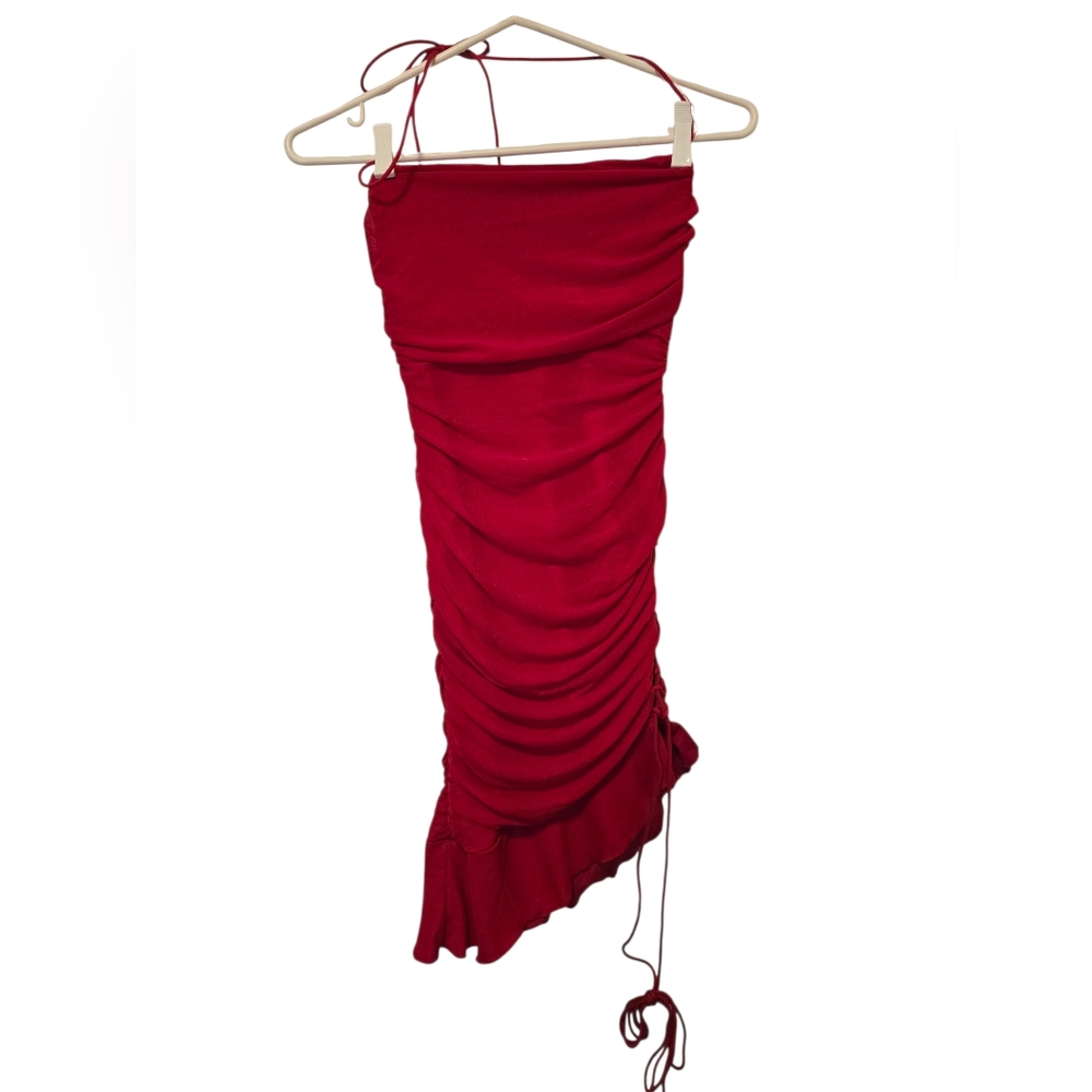 NWOT Ruched Red Backless Mini Dress With Slit And Tie Detail